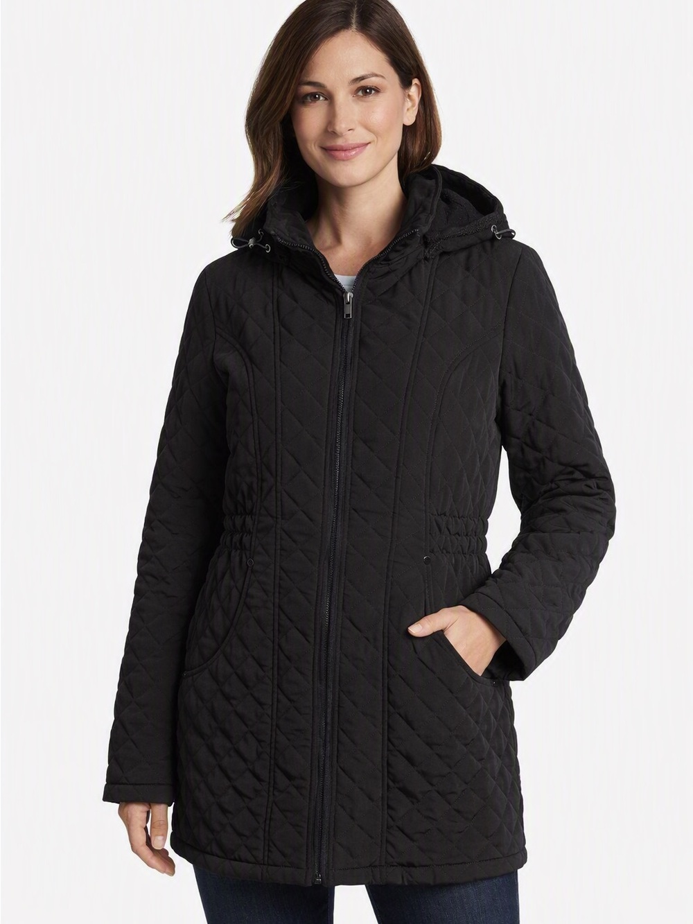 Liz Claiborne Black Quilted Hooded Jacket XL Fitted Waist Outdoors Zip up Cozy